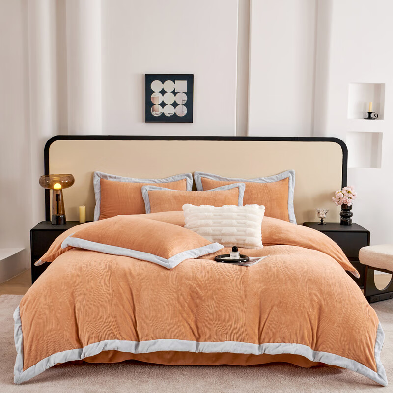 彼加曼 BGM-T2546婴儿绒全消光宽边拼角四件套 暖橙(被套200*230cm)