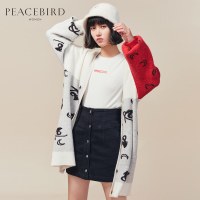 V领中长款拼色毛衣针织开衫女2019新款冬单排扣慵懒风外套太平鸟