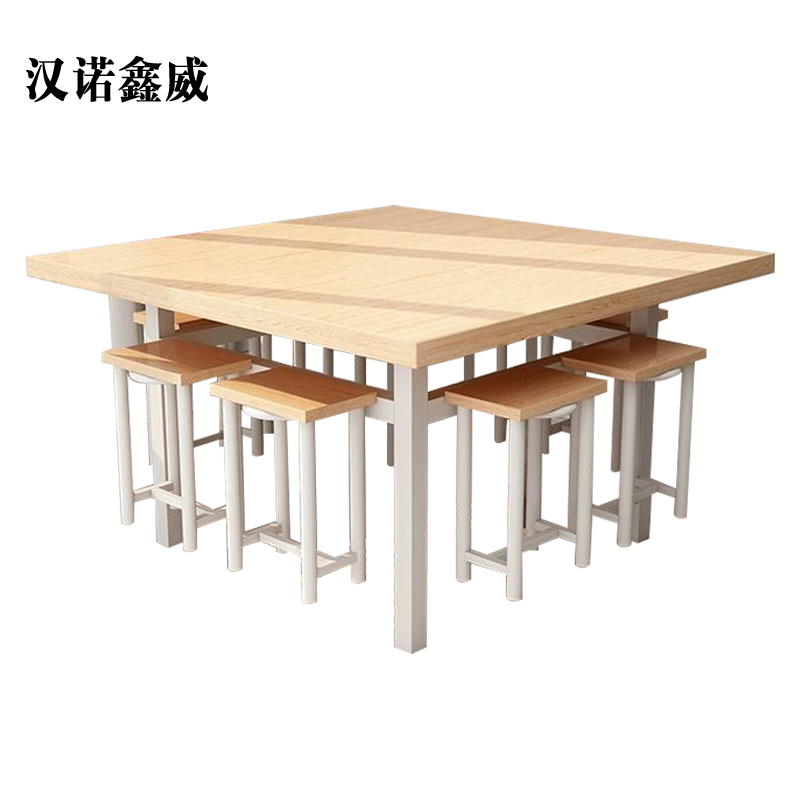 汉诺鑫威餐桌学校食堂小吃店快餐桌椅饭堂橡木色方桌1200*1200*750【含椅】