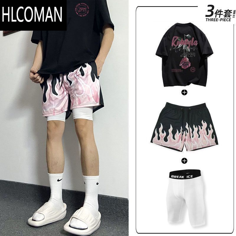 HLCOMAN青少年套装不过膝四分裤男潮牌美式运动篮球裤套休闲短袖
