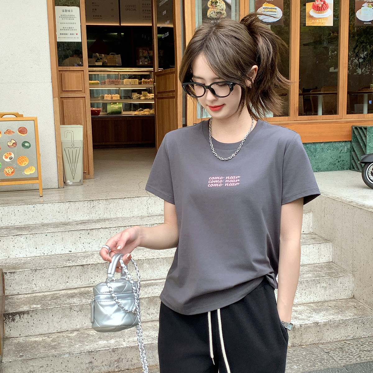 [2.5折价46.2元叠加优惠券]唐狮夏季女圆领前胸字母短款短袖T恤辣妹美式复古百搭韩系潮高清大图