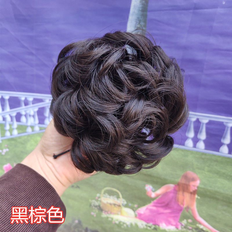 高档真发假发盘头花苞丸子头卷发包复古头花拉花花苞新娘发圈盘头 自然黑 高温哑光丝