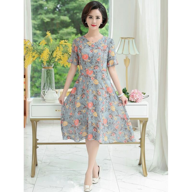 妈妈装夏装雪纺连衣裙中长款40-50岁中年女装高贵短袖裙子中老年lm