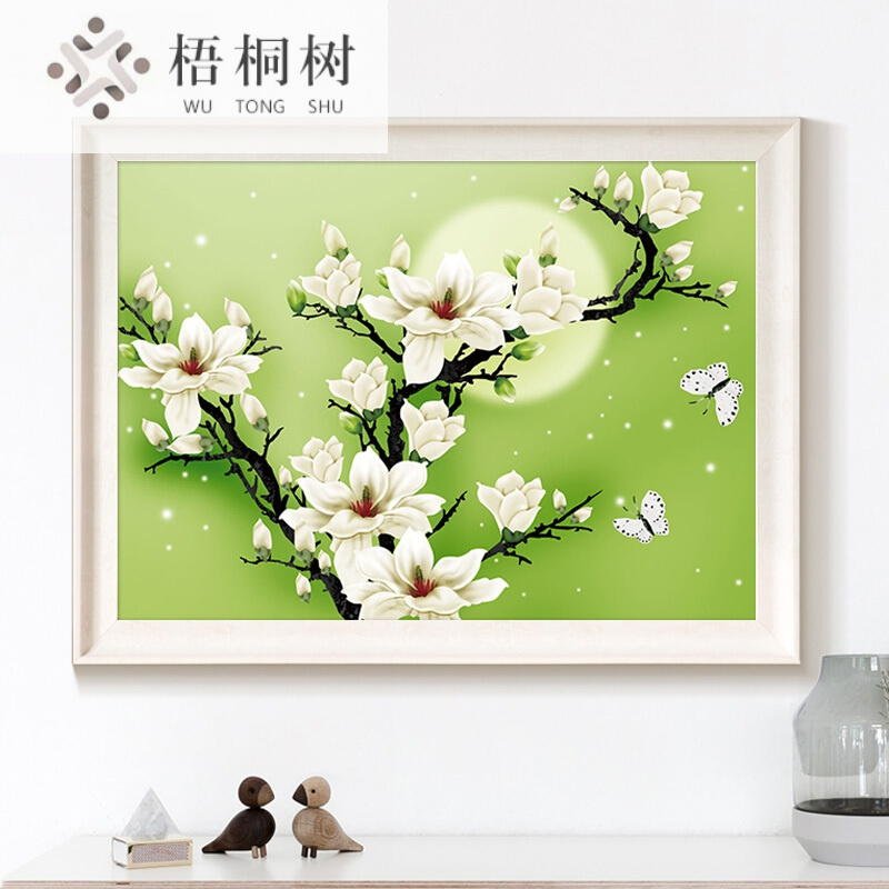 八骏图手工十字绣新款棉线月色玉兰线绣画客厅花卉小幅挂画十字绣[3股线绣玉兰花]74*56厘米非满