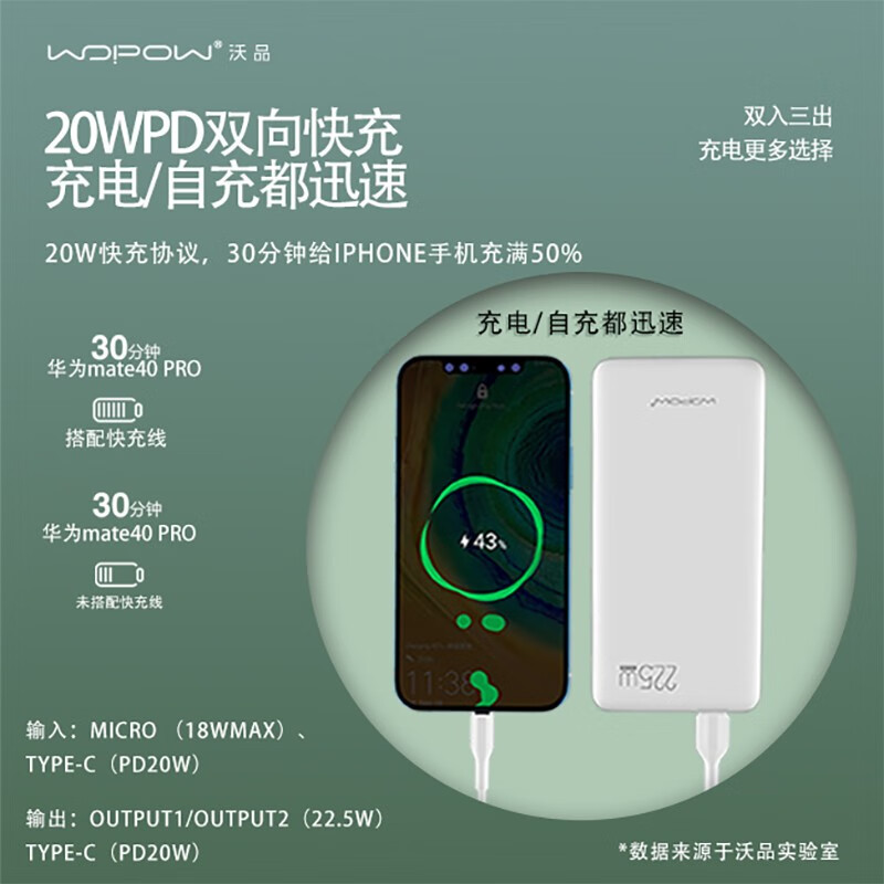 沃品(WOPOW) 2万大容量充电宝 双向快充22.5W PD27
