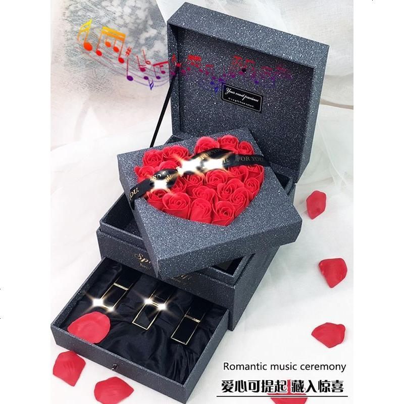 创意心形玫瑰永生花礼盒生日礼物女香水口红包装盒ins音乐礼品盒