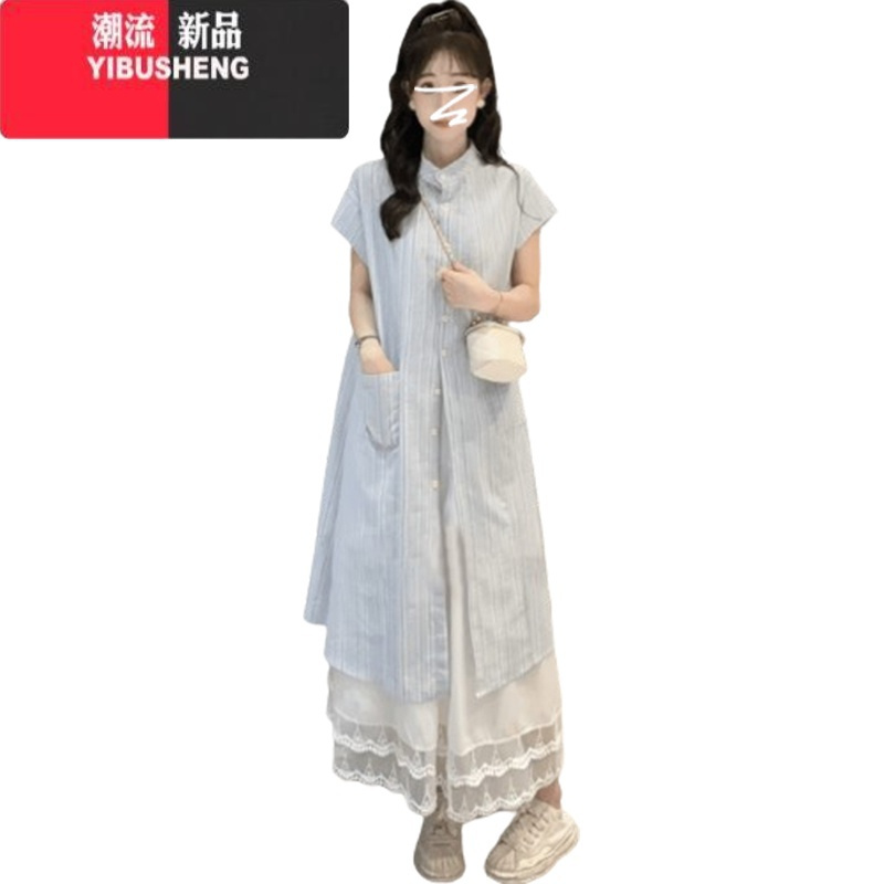 YIBUSHENG法式小个子蓝色条纹衬衫连衣裙子2024新款女装季松弛感宽松长裙