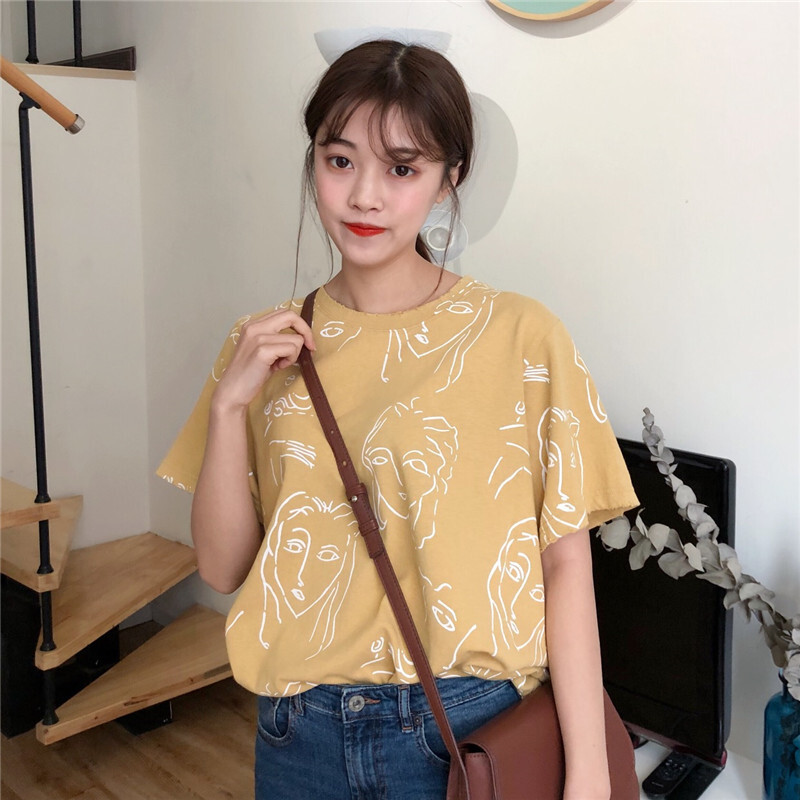 春夏女装韩版个性磨破素描宽松短袖T恤卡通打底衫上衣体恤学生潮白色均码