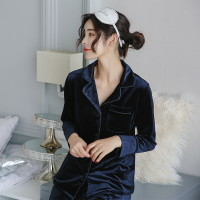 迪鲁奥（DILUAO)金丝绒睡衣女秋冬薄款宽松长袖家居服睡袍三件套珊瑚绒睡衣女春秋_977 金丝绒7101藏青(2件套) XL(适合120-140斤)