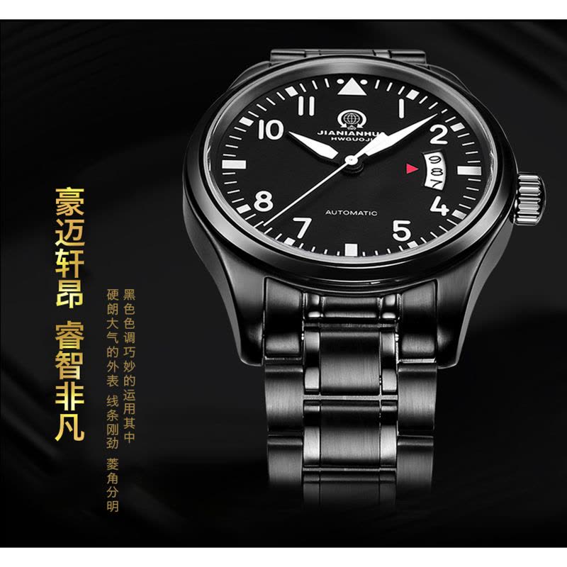 瑞士嘉年华CARNIVAL手表新款飞行员系列夜光男士全自动机械表 男表防水精钢黑色腕表正装时尚金属精钢表8592B图片