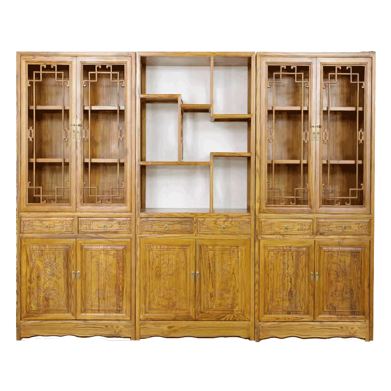 国云堂新中式榆木书柜书架落地置物架组合实木书柜带门玻璃门mz379