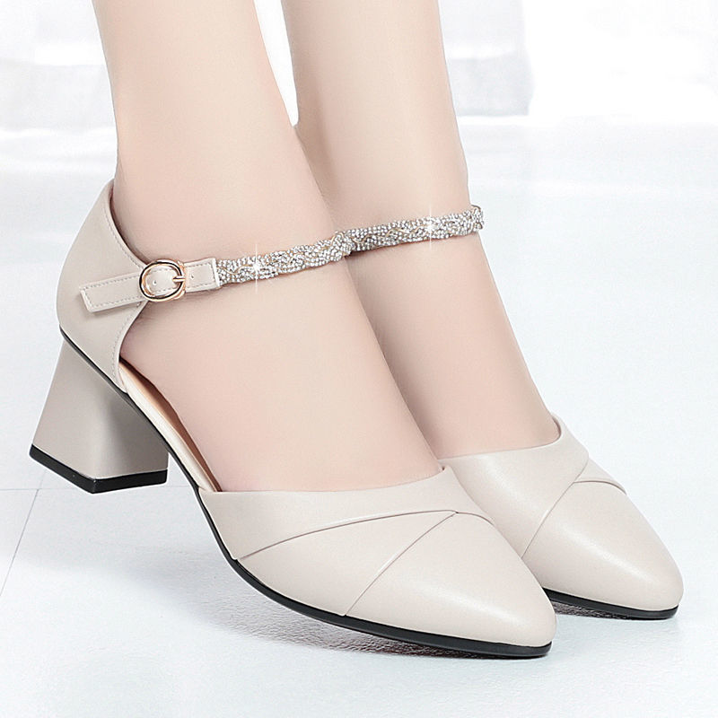 皮尔士绅时尚新款粗跟百搭女士凉鞋夏天皮鞋女真皮中跟舒适中空鞋