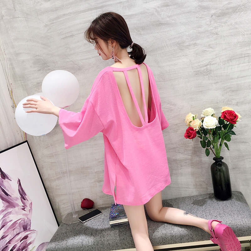 性感露背短袖t恤女韩版夜店装时尚半袖ins超火紫色中长款上衣夏装紫色