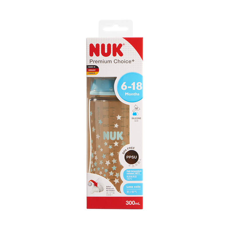 NUK300mL宽口PPSU彩色奶瓶圆点款(带成长型硅胶中圆孔奶嘴)6个月以上适用
