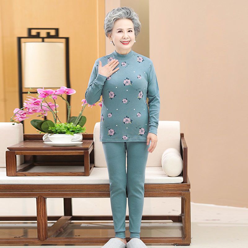 中老年人妈妈秋衣秋裤长袖套装秋冬保暖内衣女奶奶装春秋装打底衫