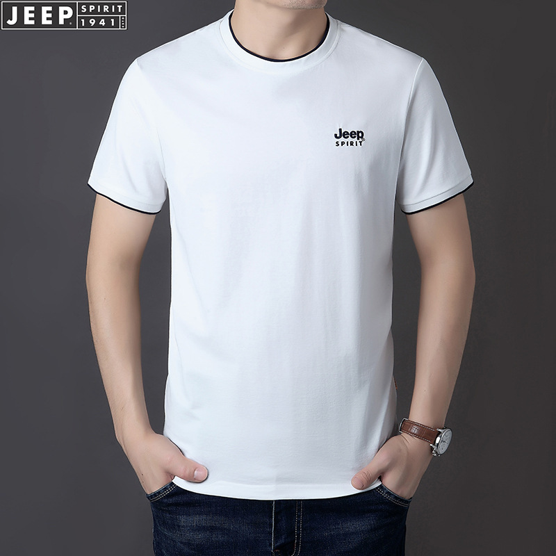 jeepspirit圆领短袖t恤男夏季宽松纯色半袖体恤大码视频