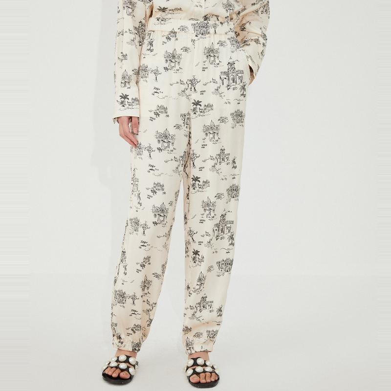 [2件2折价:76]MECITY女装夏季新款复古时髦建筑印花设计口袋松紧束脚裤女高清大图