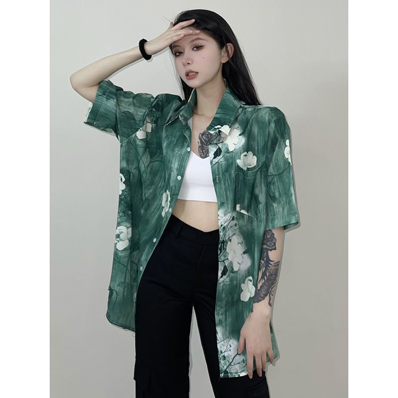 秋壳花卉渐变短袖衬衫男女款夏季情侣装夏威夷衬衣外套潮流上衣