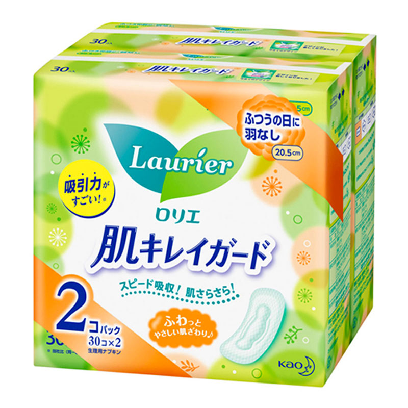 [柔肤日用卫生巾]花王(乐而雅)Lauríer 柔肤日用卫生巾 姨妈巾 20.5厘米 30片/包 两包装套装 纤巧