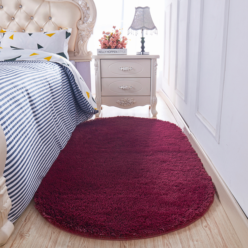 美帮汇北欧椭圆形床边小地毯公主房卧室满铺床前脚垫长毛绒装饰地垫 酒红色长毛 椭圆形2x0.8米
