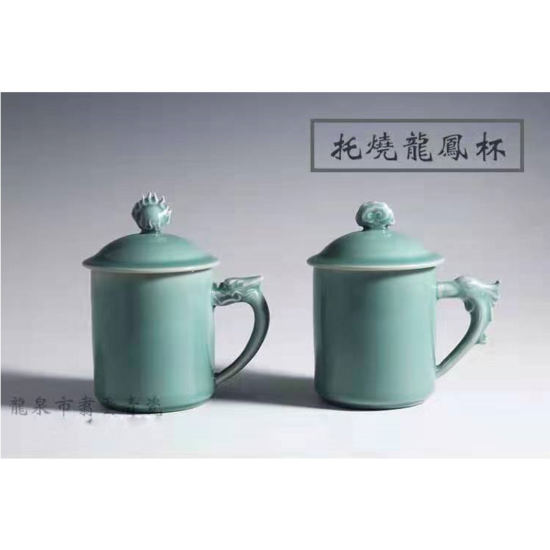 盲陶居龙泉青瓷:托烧龙凤杯-龙杯w01002 青