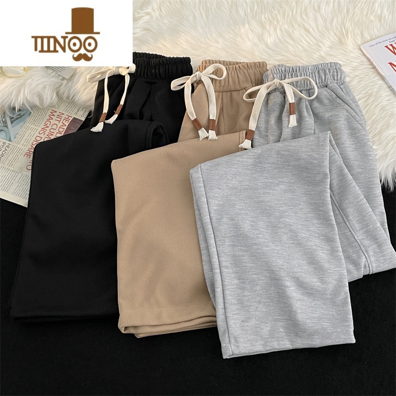 YANXU夏季松紧腰休闲裤男款ins潮牌纯色简约宽松百搭垂感直筒运动长i高清大图