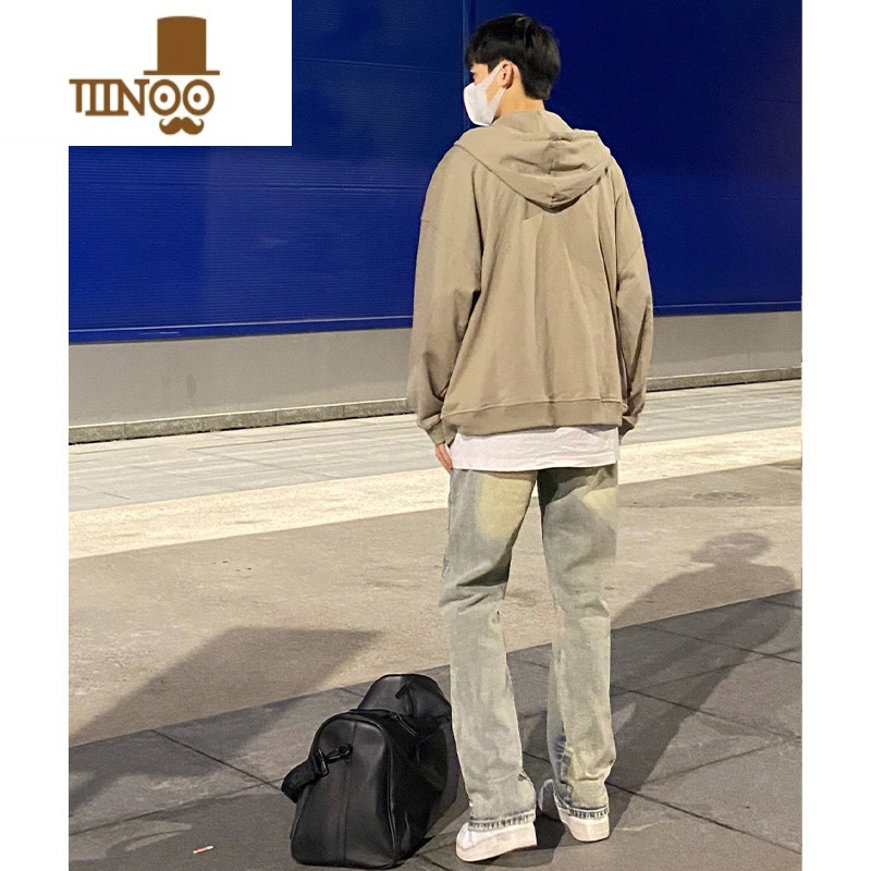 YANXU美式高街水洗做旧黄泥色牛仔裤男秋季复古vintage修身直筒长裤ins高清大图