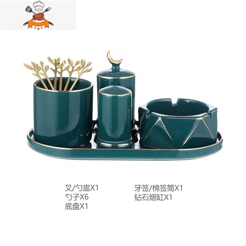 新中式轻奢祖母绿陶瓷牙签筒骨瓷牙签盒创意家用酒店定制签罐 敬平 1圆1方[灰色两个装]特惠混搭装高清大图