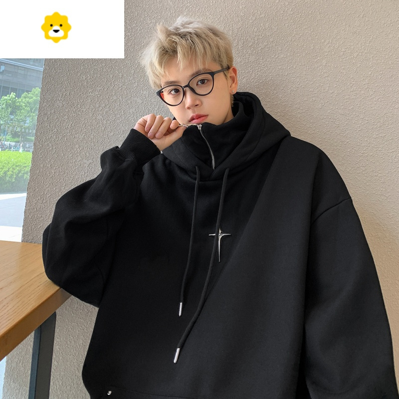 fish basket假两件卫衣男连帽秋季高领半拉链外套秋冬款潮牌美式加绒