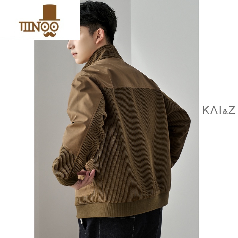 YANXU立领外套男韩版潮流宽松百搭休闲针织拼接皱春装上衣夹克高清大图