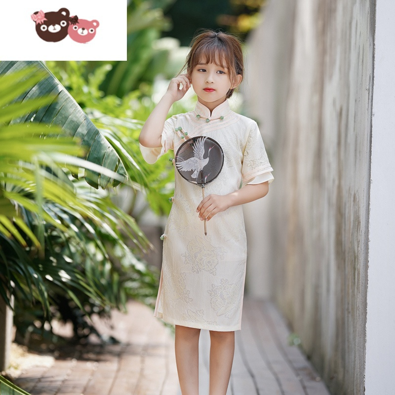 绿彩虹光女童旗袍夏季改良中国风儿童中式礼服连衣裙小女孩古筝演出服薄款裙子