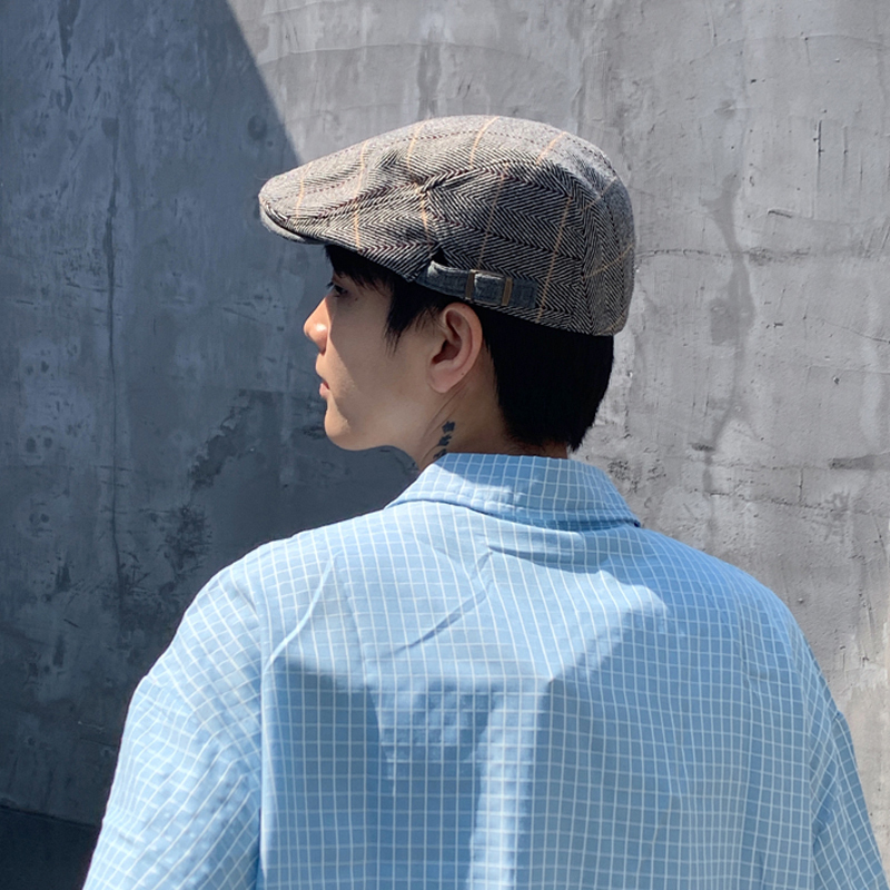 尼曼鸭舌帽男复古画家时尚春秋季斜纹格子贝雷帽男文艺范前进帽子男潮