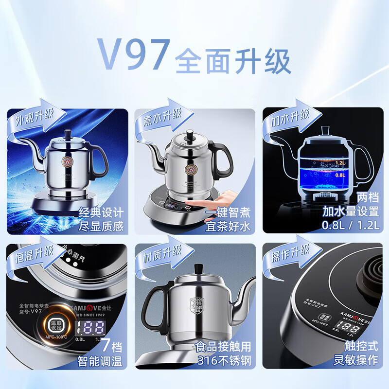 金灶KAMJOVE智能电水壶1.2L快速沸腾防干烧安全保温设计金灶(KAMJOVE) 全自动上水电热水壶 V97两档水量高清大图