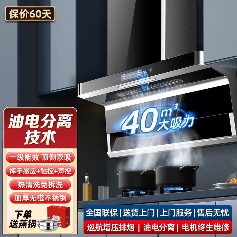 欢呼好太太油烟机 [45叠铜线电]智能语音家用厨房抽油烟机油电分离顶侧双吸单烟机 40立方大吸力 自行安装油烟机B919图片