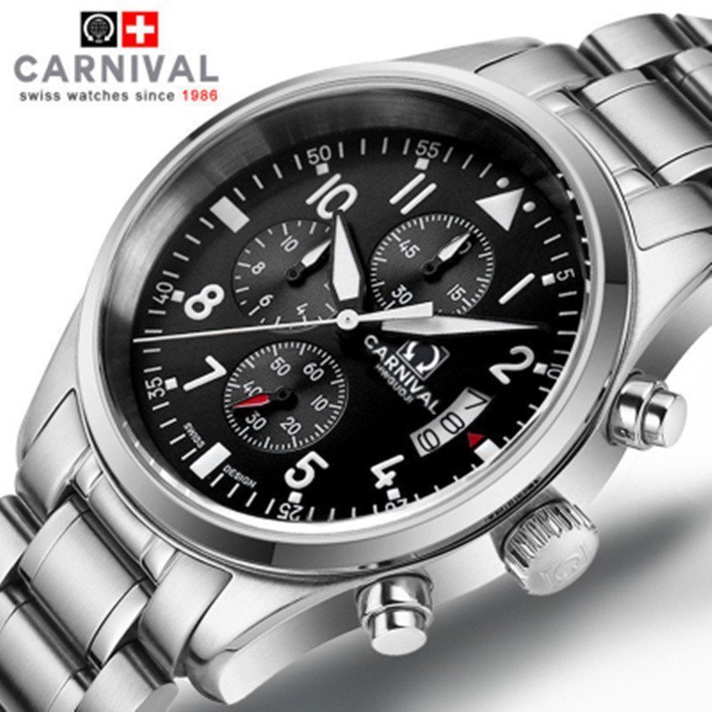 瑞士嘉年华CARNIVAL手表新石英表 男士飞行员系列夜光计时码表时尚6针多功能防水精钢运动男表真皮腕表8592B-6针