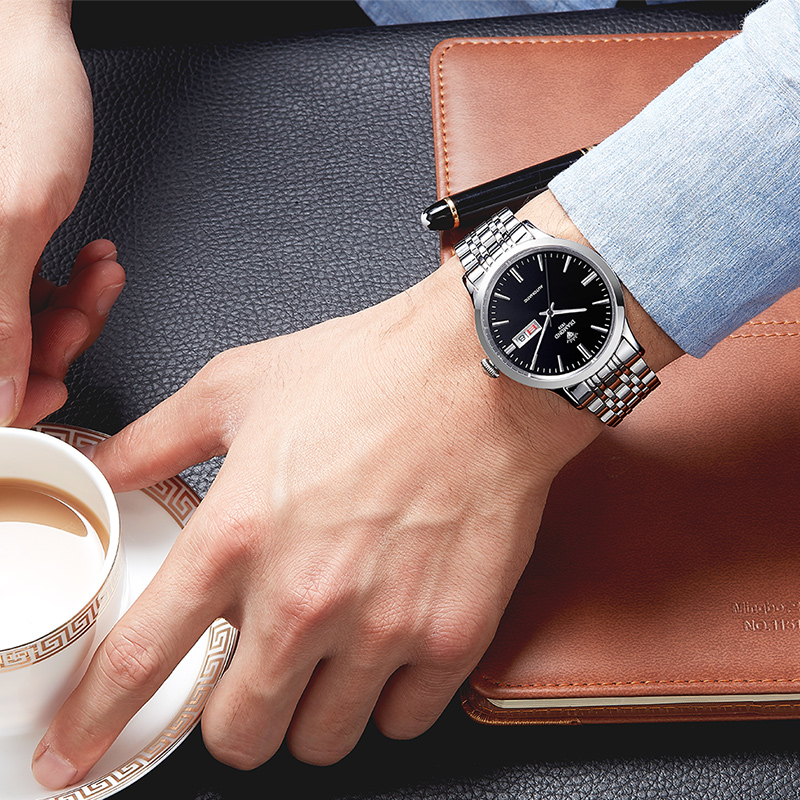 上海钻石牌（DIAMOND)手表机械表男表全自动大表盘日历精钢8030男士机械表DA-8030G钻石手表黑面白钢高清大图