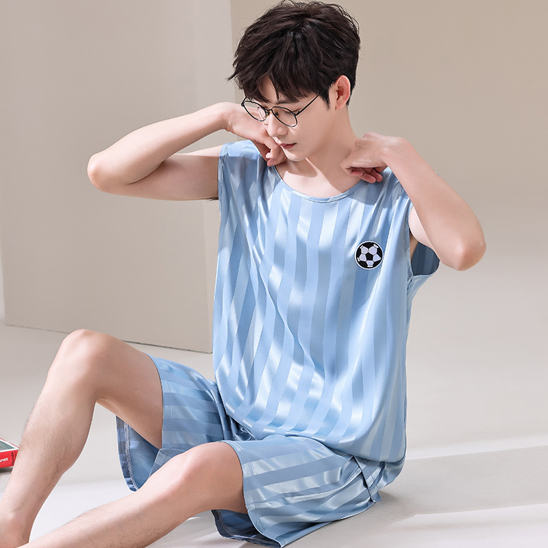 夏季男士冰丝无袖背心韩版休闲宽松青少年凉感短裤外穿家居服套装
