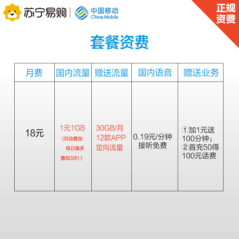 [赠品不单卖]移动王卡月租18元1元1GB全国流量电话卡充50得100