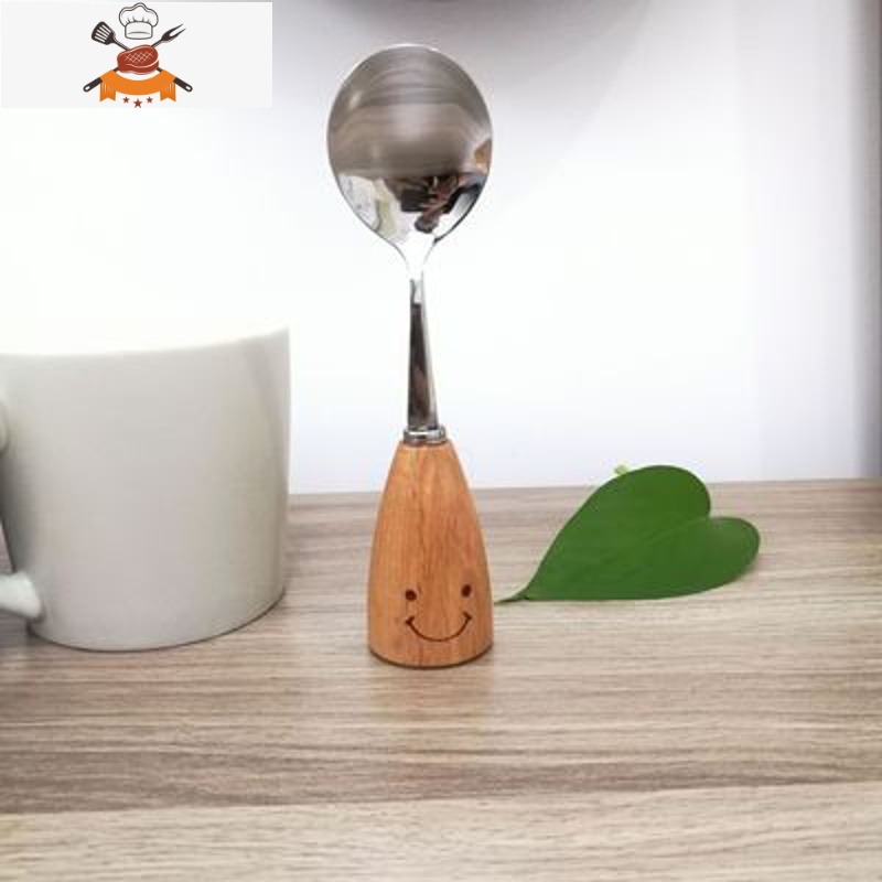 简物家韩式可爱笑脸木柄不锈钢甜品刀叉勺西餐餐具牛排水果叉套装 敬平 木柄笑脸圆勺CPC53勺