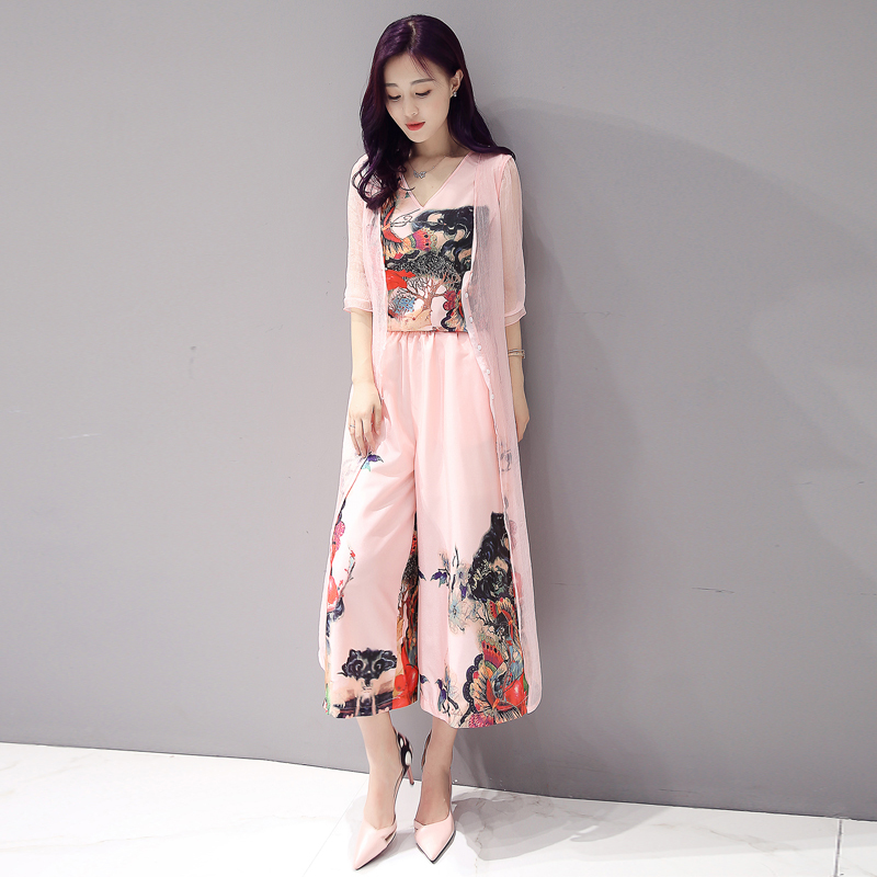 时尚民族风雪纺阔腿裤套装夏款女女士新品水墨画印花裙裤三件套潮