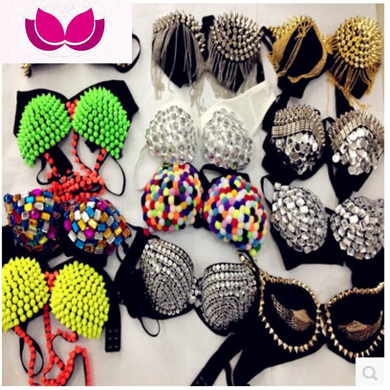 七斓新款夜店性感铆钉彩钻亮片水钻文胸内衣舞台演出服钢管舞服装胸罩