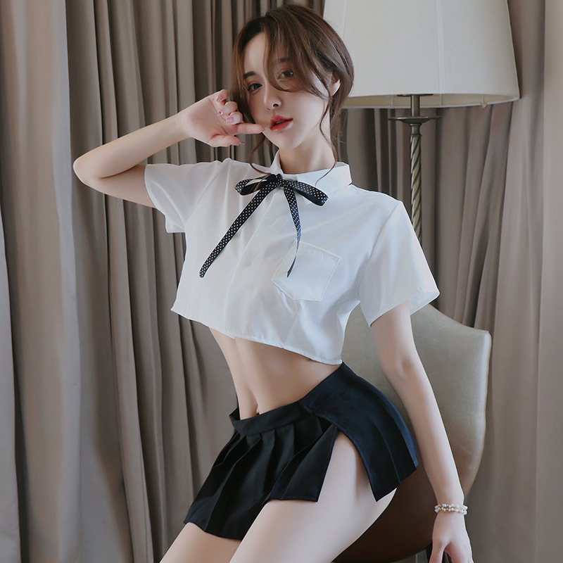 长夜漫漫情趣内衣性感透视白衬衫蝴蝶结制服诱惑百褶短裙1024 白色 均码(80-125斤)