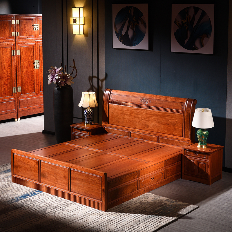 琪梦大果紫檀国标红木床缅甸花梨木18米简约中式双人床卧室实木高箱储