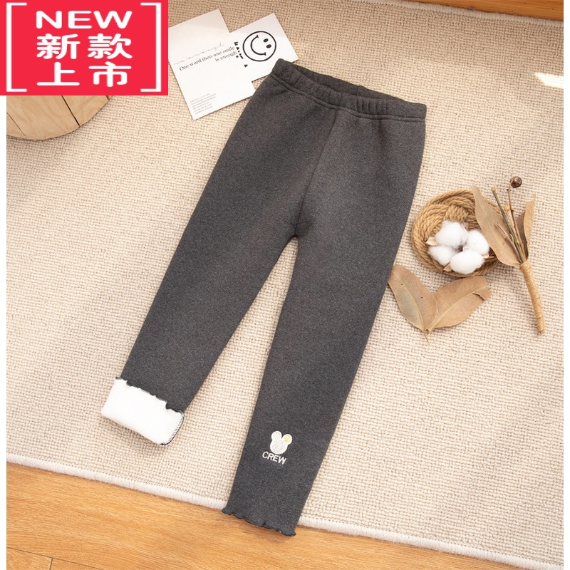 可莉允宝宝加绒裤子冬加厚女童打底裤秋冬薄绒儿童小童保暖女宝外穿保暖裤 深灰木耳边小兔子加绒 140码身高125-135cm