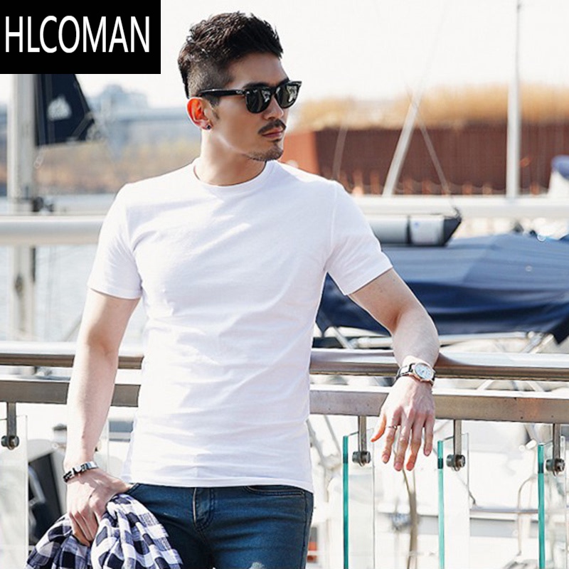 HLCOMAN白色T恤男士短袖修身潮牌圆领夏季半袖上衣紧身纯色打底衫潮 高质量纯棉T恤白色单件装 M
