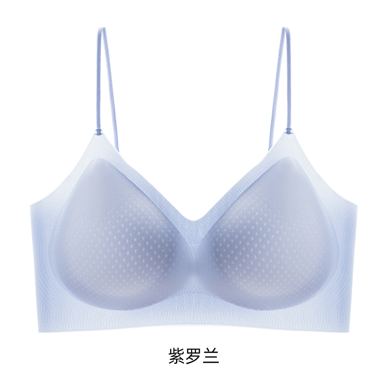 猫人凉感冰丝吊带内衣女士细肩带无痕美背超薄聚拢背心式文胸罩 紫罗兰 XL【推荐120-135斤】