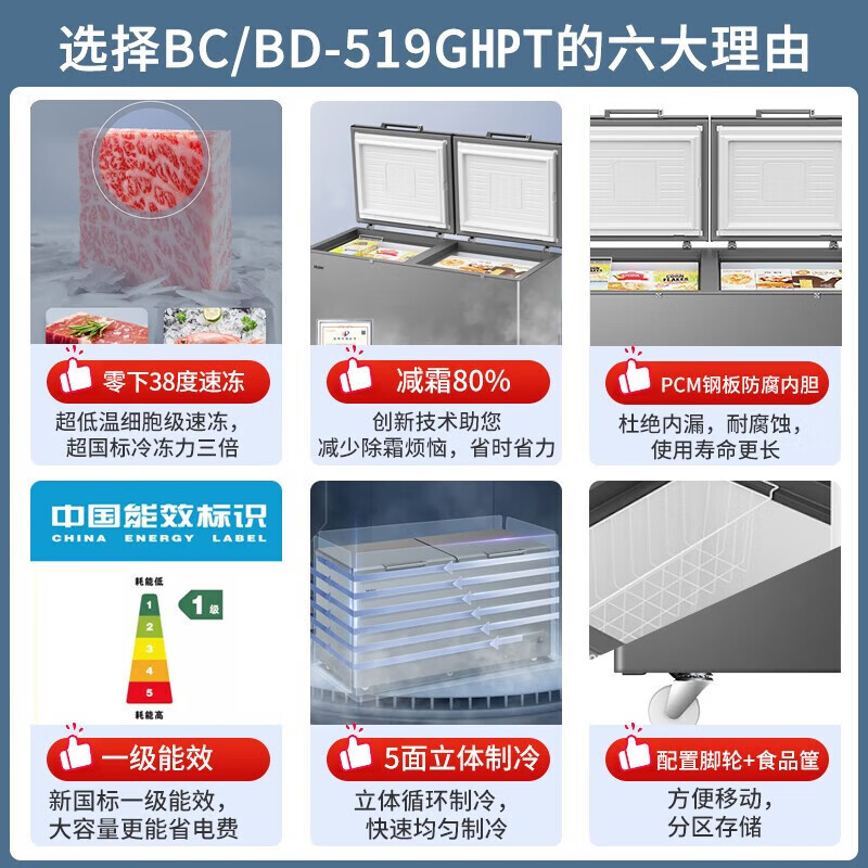 海尔(Haier)冰柜家用大容量519L 1级能效减霜80%-38度超低温冷柜深冷速冻商用冷柜电子控温高清大图