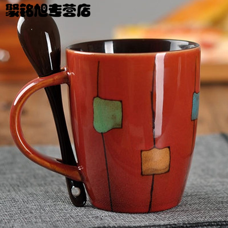 家居器皿生活日用家庭陶瓷杯子创意鼓型陶瓷杯带盖勺牛奶杯咖啡杯家用马克杯水杯子时尚创意生活日用水具水杯