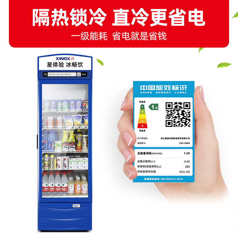星星(XINGX) 280升展示柜 立式冰柜 保鲜柜 饮料柜 商用 双层玻璃更锁冷 饮品展示更直观 LSC-280G