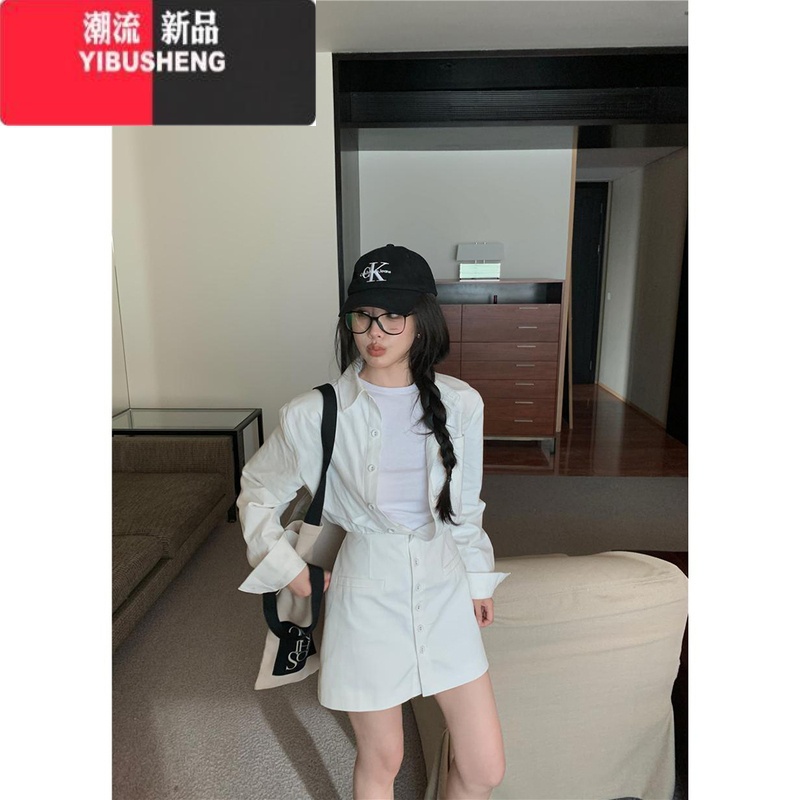 YIBUSHENG韩系蓝色polo领衬衫连衣裙女装气质收腰显瘦包臀裙小个子短女高清大图